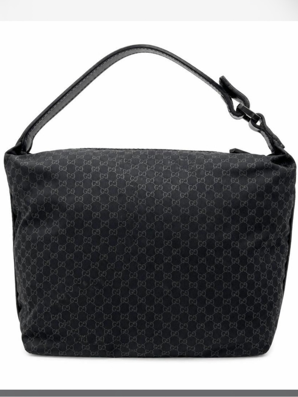 Gucci GG Nylon Black Mini Hobo Bag Leather Trim Silver Hardware Button Strap